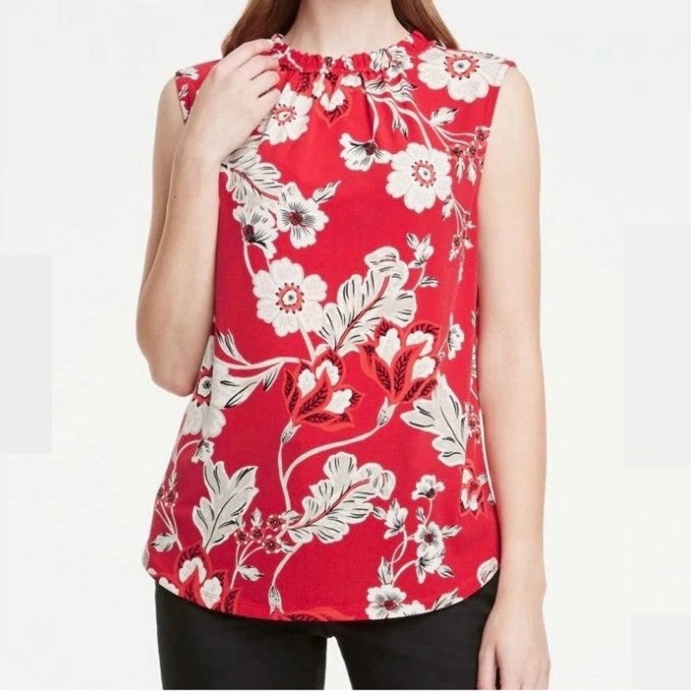 Ann Taylor Floral Ruffle Mock Neck Sleeveless Blouse | Size XS